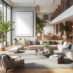 A large living Room with a mockup poster empty white and with a large sofa and a large table image used for printing has illustrative used for printing lively.