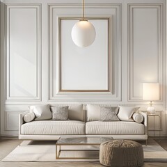 Elegant living room with white sofa, marble table and golden lamp