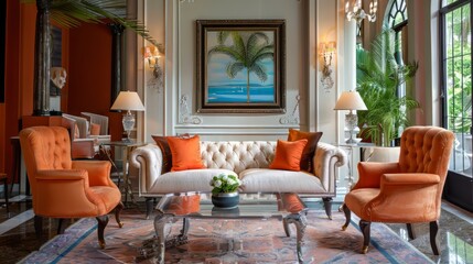 Elegant living room with white sofa and orange armchairs