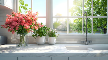 Bright, sun-drenched kitchen with bright, colorful potted and vased flowers. Pink hydrangeas, geraniums, petunias.