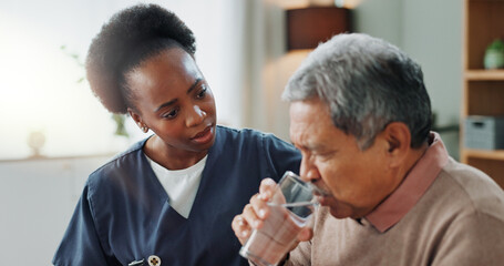 Fototapeta premium Senior, man and water from nurse for medicine, healthcare and support for healing tuberculosis. Sick, patient and elderly caregiver with person in home to help with tablet, supplements and drugs