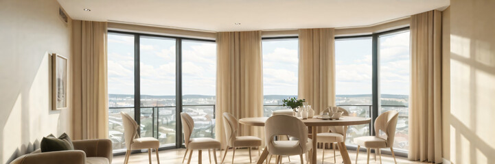 Modern interior design of apartment, dining room with table and chairs, empty living room with beige wall, panorama.