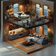 3d isometric view of an industrial loft apartment with brick walls, double height ceilings, The main room features a mezzanine overlooking the garage area below. Generative AI.