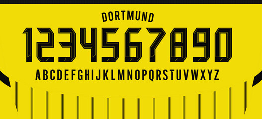 Borussia Dortmund font vector team 2024 - 2025 kit sport style font. football style font with lines. bvb and bundesliga. retro font soccer.sports style letters and numbers for soccer team, germany fon © Ozymandias1927