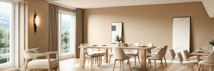Modern interior design of apartment, dining room with table and chairs, empty living room with beige wall, panorama.