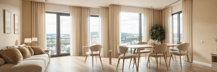 Obraz premium Modern interior design of apartment, dining room with table and chairs, empty living room with beige wall, panorama.