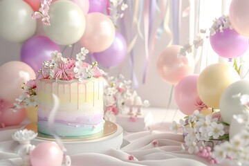 Enchanting Decadent Birthday Cake Adorned with Vibrant Balloons and Lush Floral Arrangements in a Soft Pastel Setting