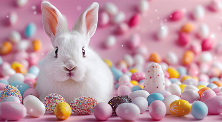 Cute white Easter bunny rabbit with chocolate egg and colorful sweets on pink background. Generative AI.