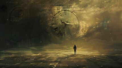 A solitary figure stands before a massive, abstract clock in a mysterious, foggy landscape, evoking a sense of time and introspection.