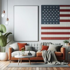 A living Room with a mockup poster empty white and with a couch and US American flag Celebrate US Veterans Day delicate meaning.