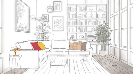 Minimalist Boho Living Room Interior with Botanical Decor Line Drawing Illustration