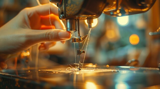 Close-up of a person's hand guiding fabric through a sewing machine with blurred lights in the background, showcasing craftsmanship and detail.