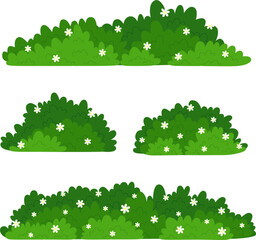 Set of Green Bushes with Flower. Simple Grass Element Collection. Vector Flat Illustration on White Background