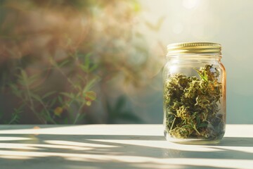 A jar of cannabis hemp stands on a monochromatic background, the concept of alternative treatment, alternative medicine, copy space for text
