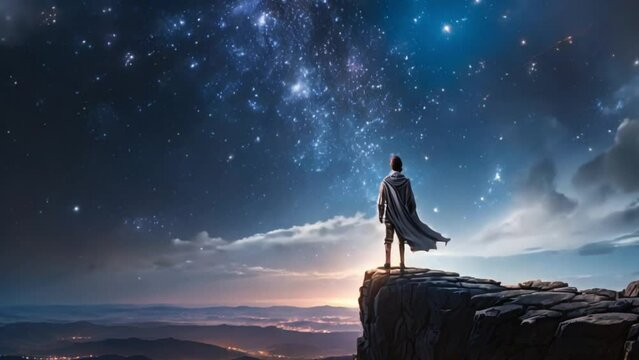 male figure standing atop a cliff overlooking a vast, starlit landscape, their silhouette