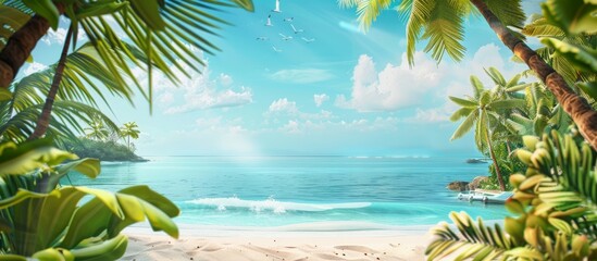 Fototapeta na wymiar Banner with the image of sea, ocean, beach, palm trees, sun loungers. The idea of relaxation, summer trip, travel, vacation. Copy space for advertising. 