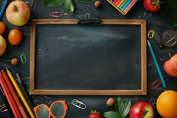 Rectangular frame on a dark surface, decorated with school supplies and apples, copy space