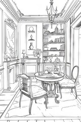 Minimalist Boho Living Room Interior with Botanical Decor Line Drawing Illustration
