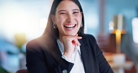 Face, smile and a business woman laughing in her office at work looking happy with her corporate...