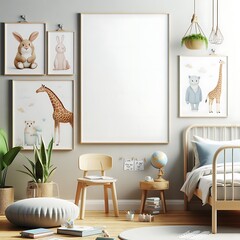 A Room with a mockup poster empty white and with a bed and pictures on the wall art bring spirit art realistic.