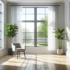 A Room with a mockup poster empty white and with a chair and plants art used for printing image card design art.