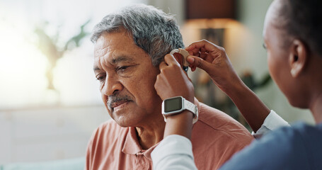 Nurse, patient and hearing aid on ear for medical support, wellness and innovation of disability....