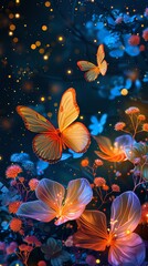 A beautiful glowing butterfly with orange and yellow wings. The butterfly is surrounded by colorful flowers and plants. The background is a dark blue night sky with many stars.
