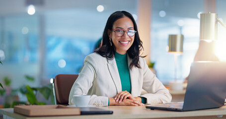 Portrait, office and woman with laptop, glasses and confidence for consulting, research and business. Planning, networking and girl with computer, financial administration and happy smile at desk