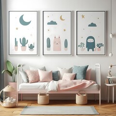 A Room with a mockup poster and with a couch and pictures on the wall realistic card design harmony design card.