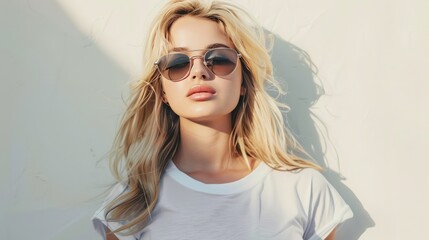 Attractive young blonde woman shows confidence in a blank t-shirt and stylish sunglasses on a pristine white background.