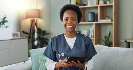 Portrait, physiotherapist and nurse with tablet, smile and happiness of black woman for job and...
