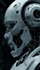 he robot is made of metal and has a glossy finish. The head is detailed and has a complex structure.