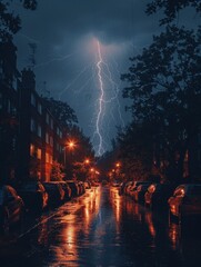 Fototapeta premium Dramatic, Explosive Bolt of Lightning Illuminating the Night Sky. Powerful, Dynamic Electrical Discharge for Weather, Energy, Nature, and Technology Concepts.A flash of lightning in the night