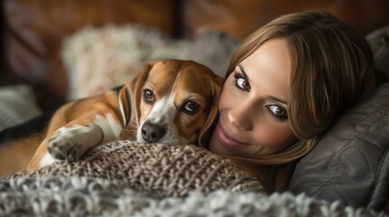 Behold the charm of a young woman and her beagle friend sharing a blissful moment on a sofa, their bond evident in her radiant smile and the affectionate gaze exchanged between them.