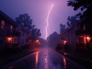 Dramatic, Explosive Bolt of Lightning Illuminating the Night Sky. Powerful, Dynamic Electrical Discharge for Weather, Energy, Nature, and Technology Concepts.A flash of lightning in the night