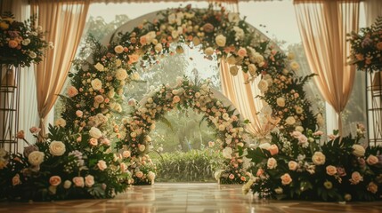 Romance and elegance with a stunning floral arch placed in front of the backdrop and dining table. To create a focal point for celebrating love.
