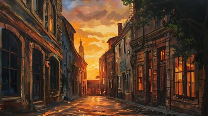 sunset in old urban city street alley from 1800s oil painting