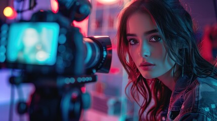 An A woman is recording a video about cosmetics for a beauty blog. She shows a set of makeup on the camera.