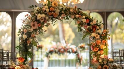 Romance and elegance with a stunning floral arch placed in front of the backdrop and dining table. To create a focal point for celebrating love.