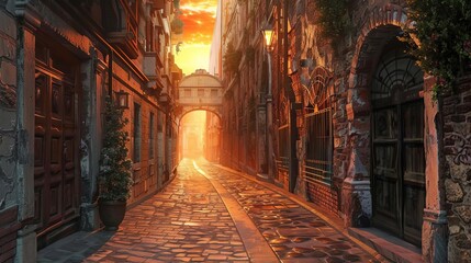 Fototapeta premium sunset in old urban city street alley from 1800s oil painting
