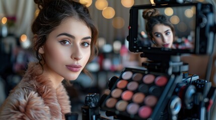 An A woman is recording a video about cosmetics for a beauty blog. She shows a set of makeup on the camera.
