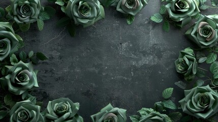 intricate floral fantasy frame with lush green roses on dark concrete background 3d illustration