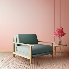 Minimalist modern living room interior background with armchair, living room mock up in Japandy style, empty wall mockup, 3d rendering