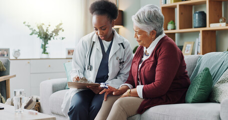 Black doctor, mature patient or paper in consultation, advice or trust as electronic medical...