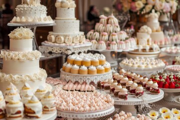 A lavish dessert table at a wedding reception, featuring a grand display of decadent wedding cakes in various flavors and designs