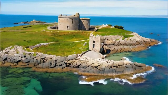 Aerial view. Ruins. Dalkey island. Aerial view of the picturesque ruins of houses, church and Martello tower