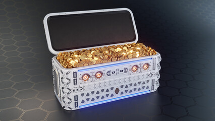 Opened Sci Fi High Tech Crate with thousands of Golden Bitcoins in it