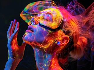 A vibrant, neon-drenched image of a person wearing futuristic glasses with glowing effects, embodying a blend of technology and artistry.