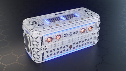 Sci Fi High Tech Crate with blue and orange illumination. Front-Side view. © temp-64GTX