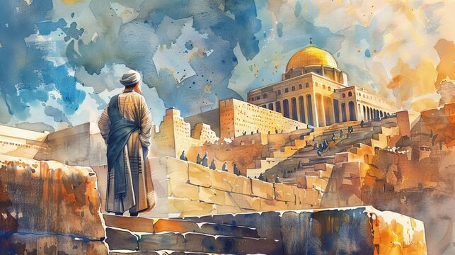 ezra overseeing the rebuilding of the temple in jerusalem old testament watercolor illustration bible story art